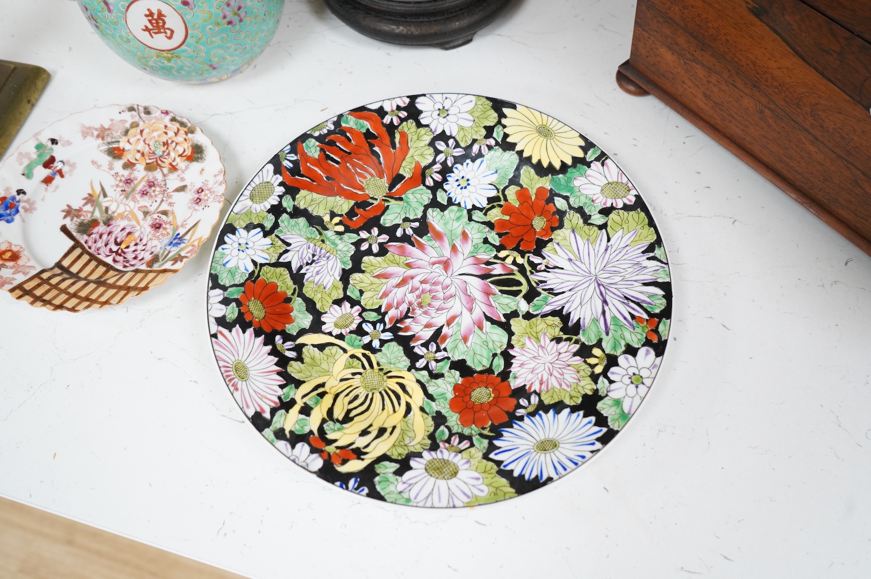 A collection of Chinese ceramics to include enamelled ginger jar and cover, floral plate and a vase, largest 40cm high